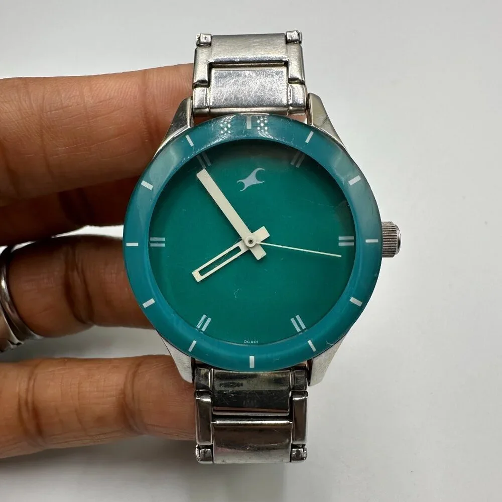 3/$30 Fastrack Watch Women Silver Tone Green Dial Stainless Steel 34MM